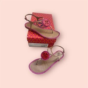 TORY BURCH Miller Fringe Flat Sandal Dusty Cypress/Hibiscus 6.5 6 1/2